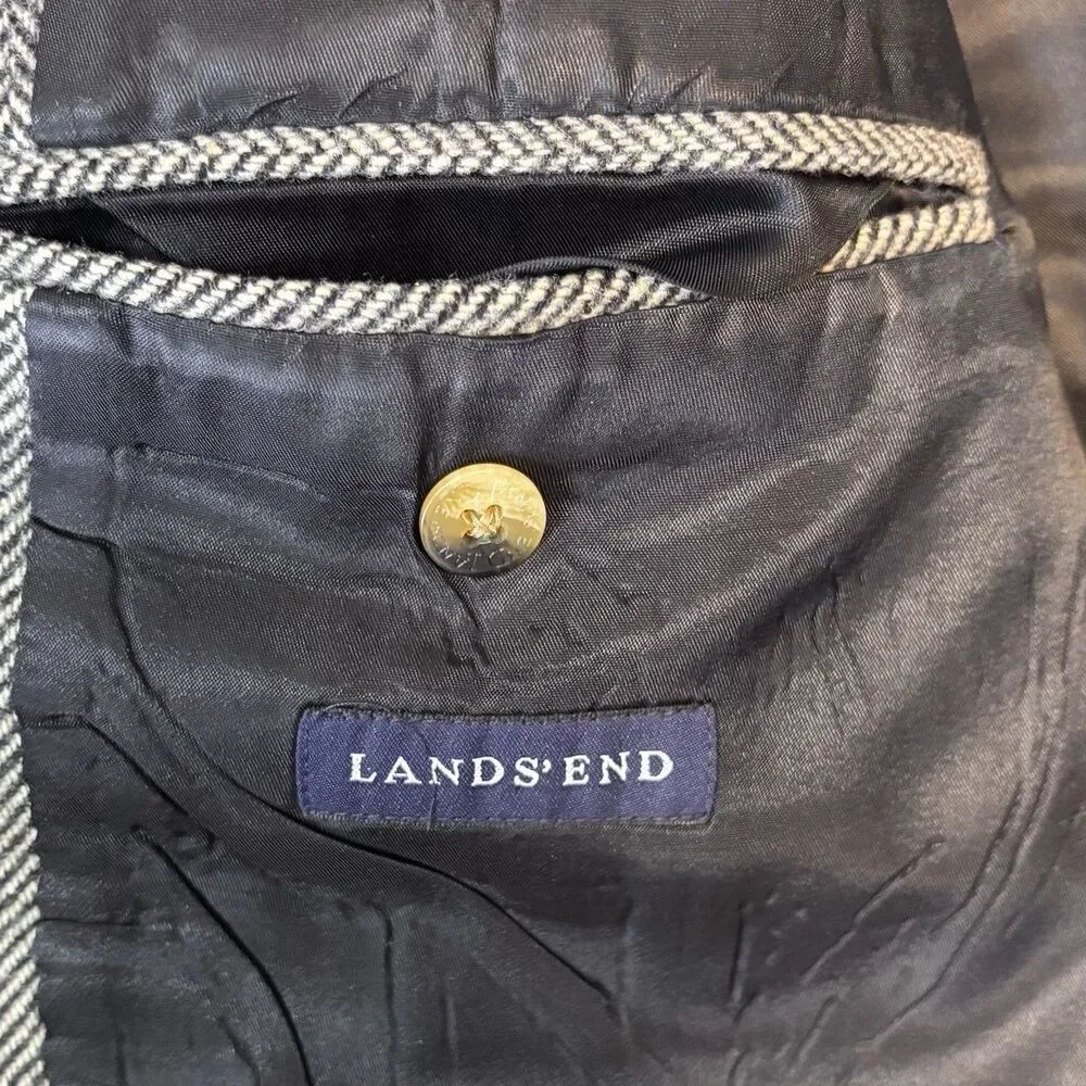 Lands’ End 100% Wool Blazer Mens 42L Brown Herringbone Sport Coat Lined 2 Button